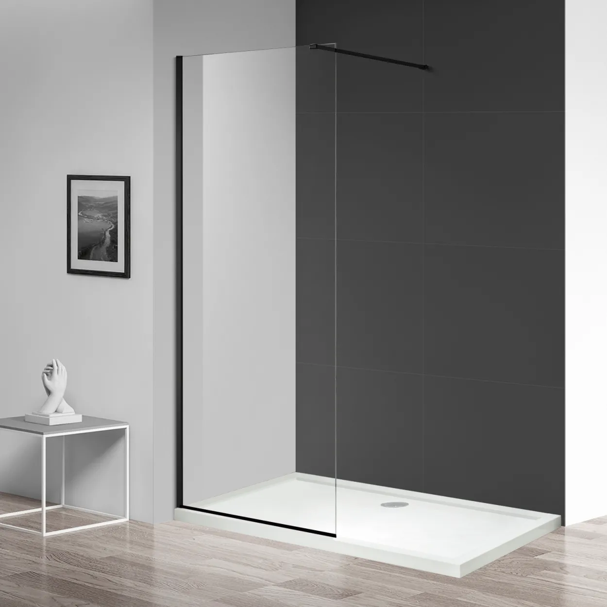 Celeste fast dusjvegg 90x190cm sort venstre 6mm glass m/sikkerhetsfolie