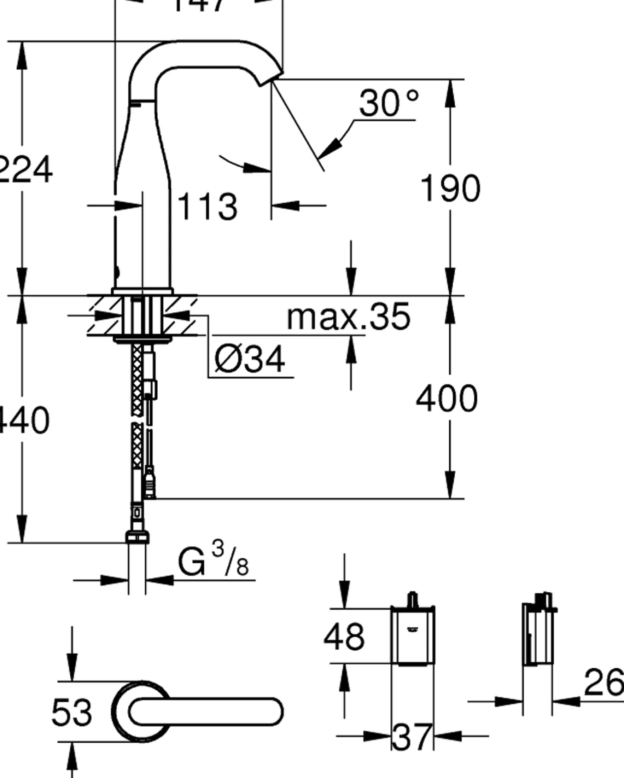Grohe essence e 6v berøringsfritt servantbatteri u/temperaturregulering krom