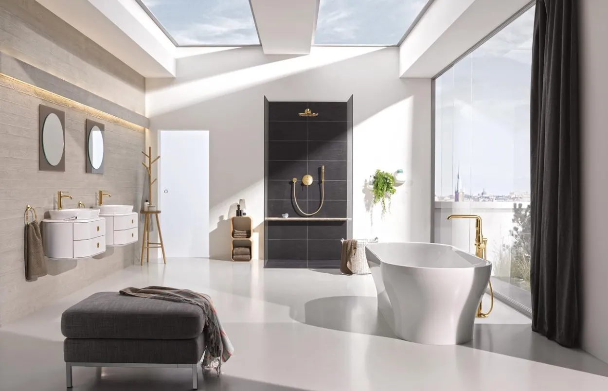 Grohe essence frittstående badekararmatur for gulvmontering m/hånddusj cool sunrise
