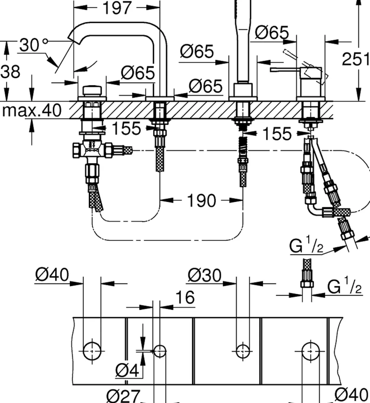 Grohe essence 4-hulls kar- og dusjkombinasjon hard graphite