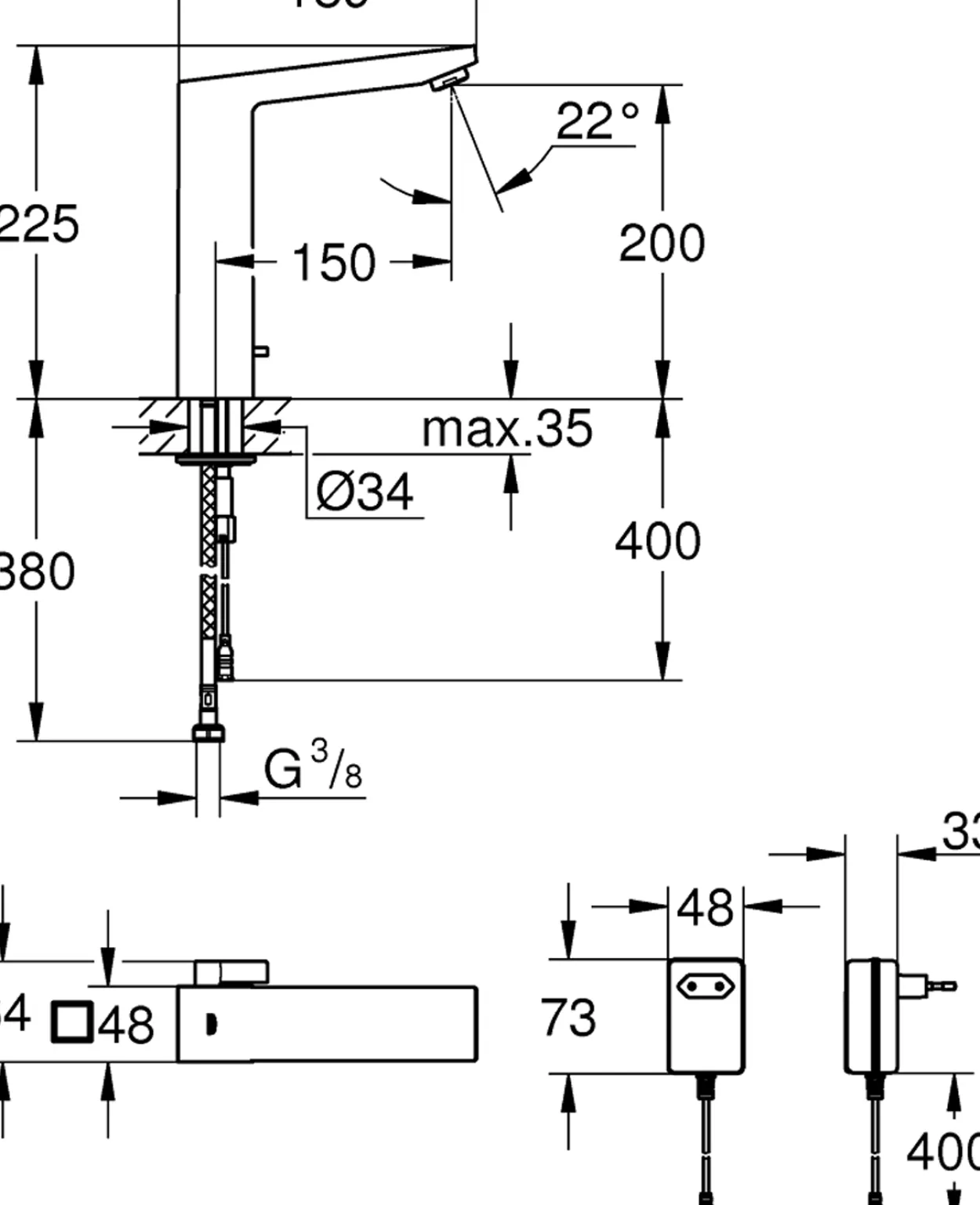 Grohe eurocube e berøringsfritt servantbatteri 6v krom