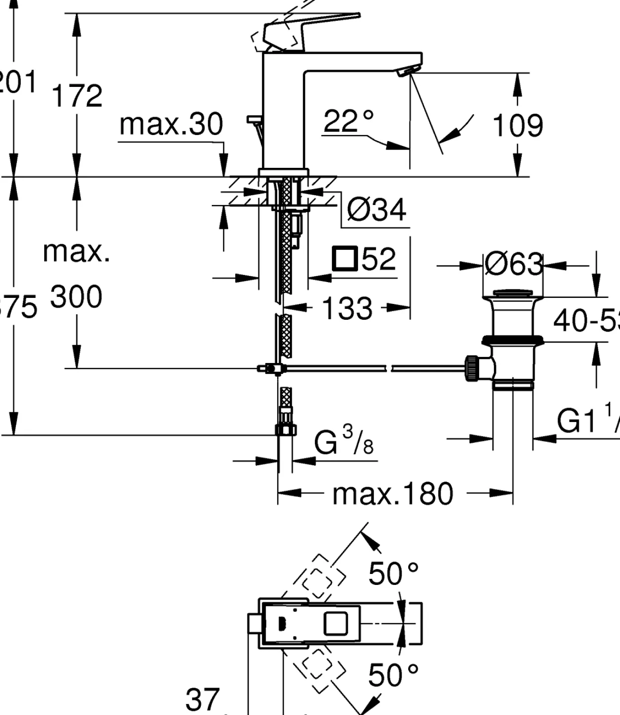 Grohe eurocube servantbatteri medium m/oppløftsventil