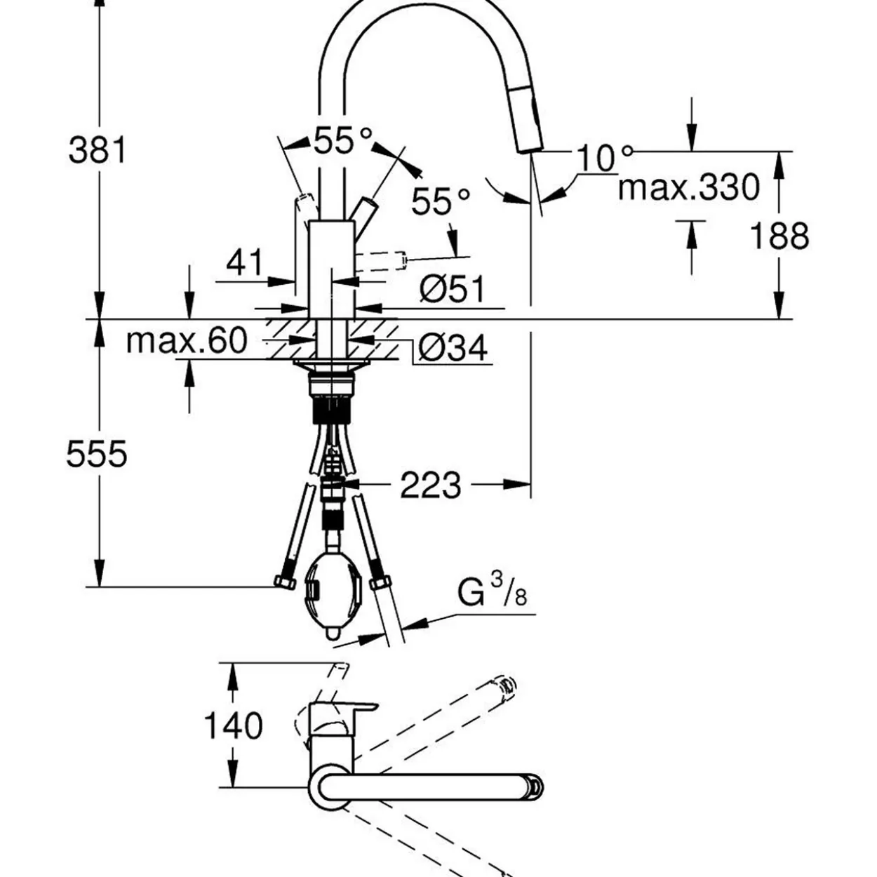Grohe feel clova kjøkkenarmatur m/uttrekkbar c-tut dual spray krom