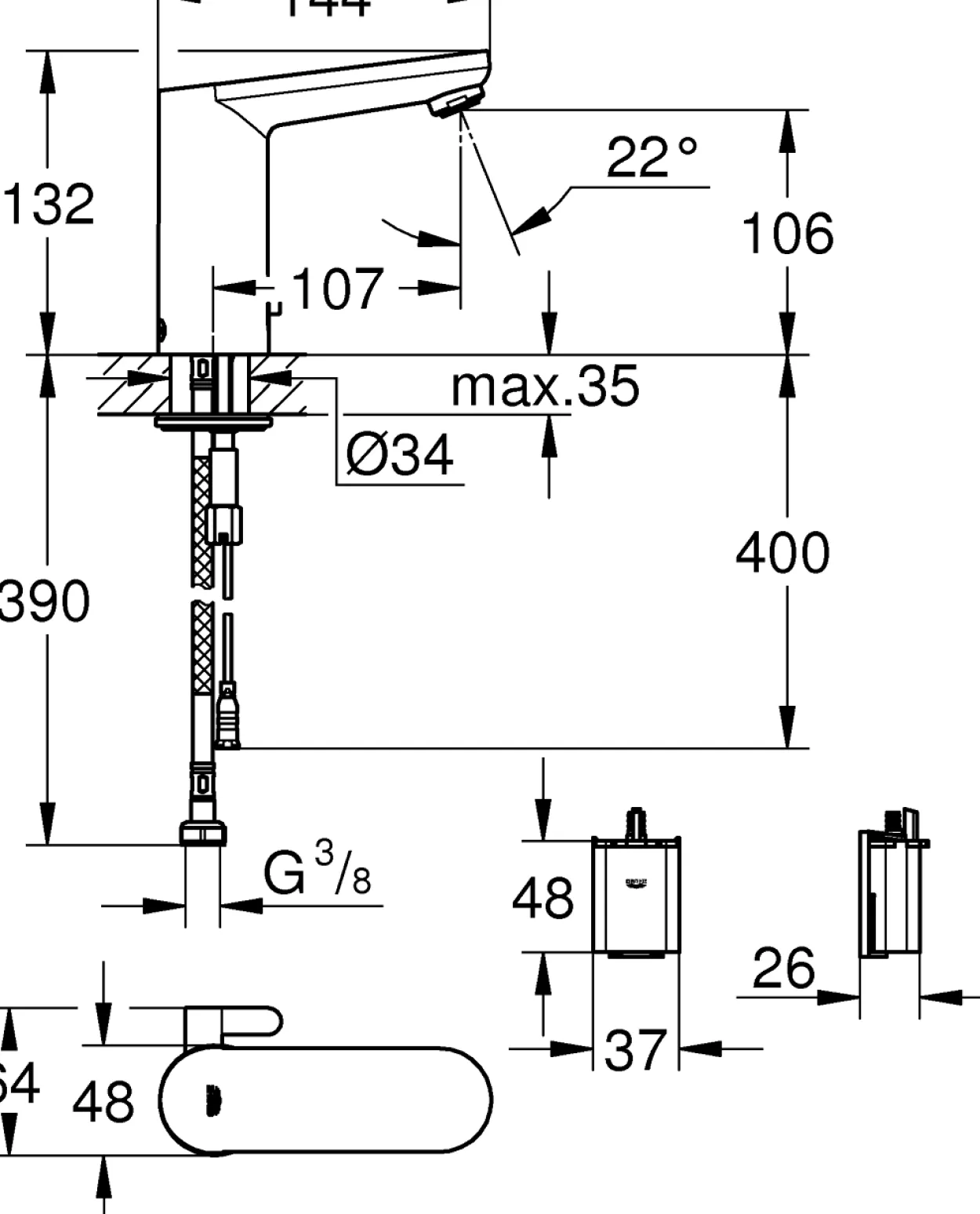 Grohe get e 6v berøringsfritt servantbatteri