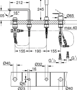 Grohe lineare 4-hulls badekarbatteri børstet supersteel
