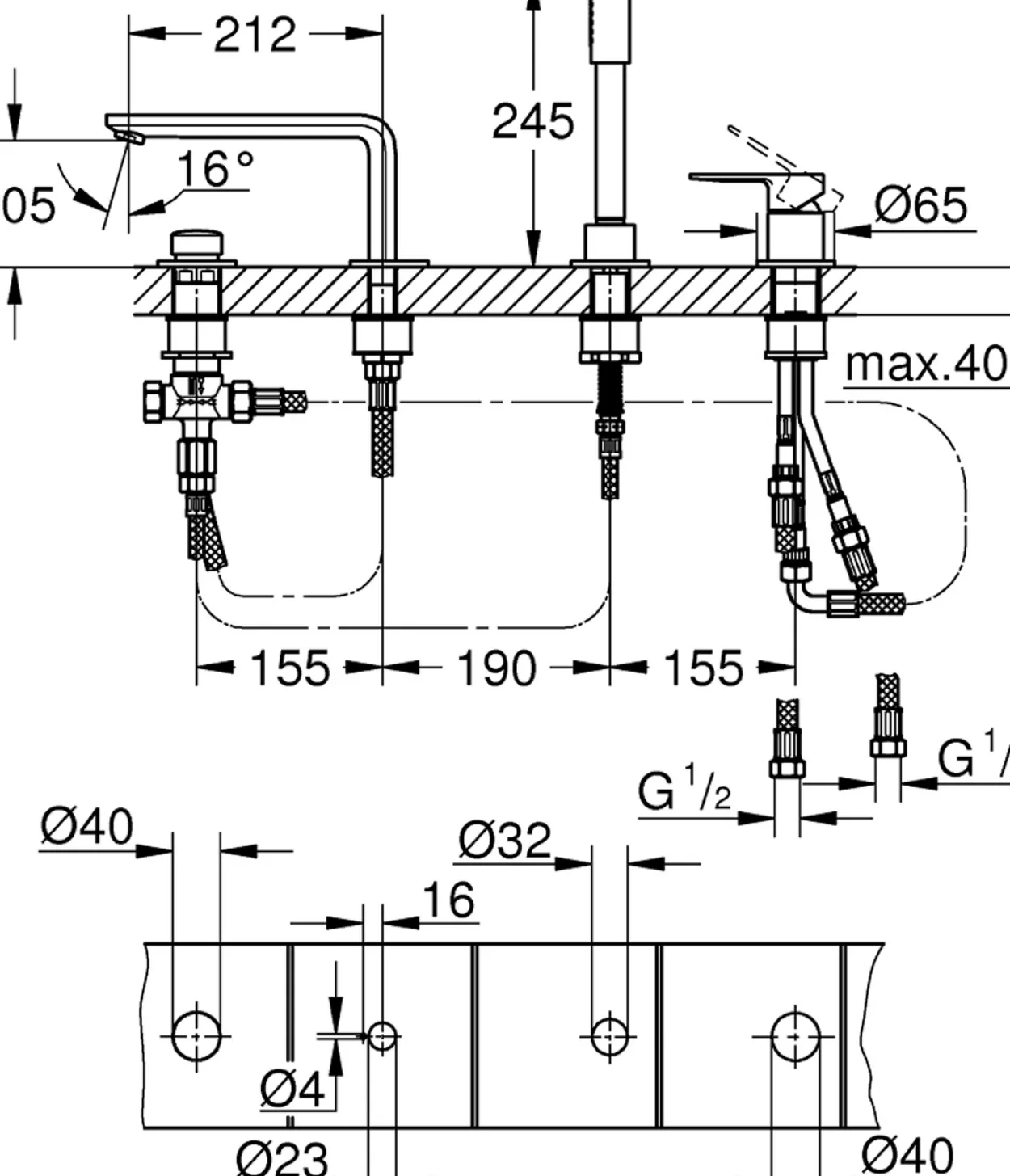 Grohe lineare 4-hulls badekarbatteri børstet supersteel