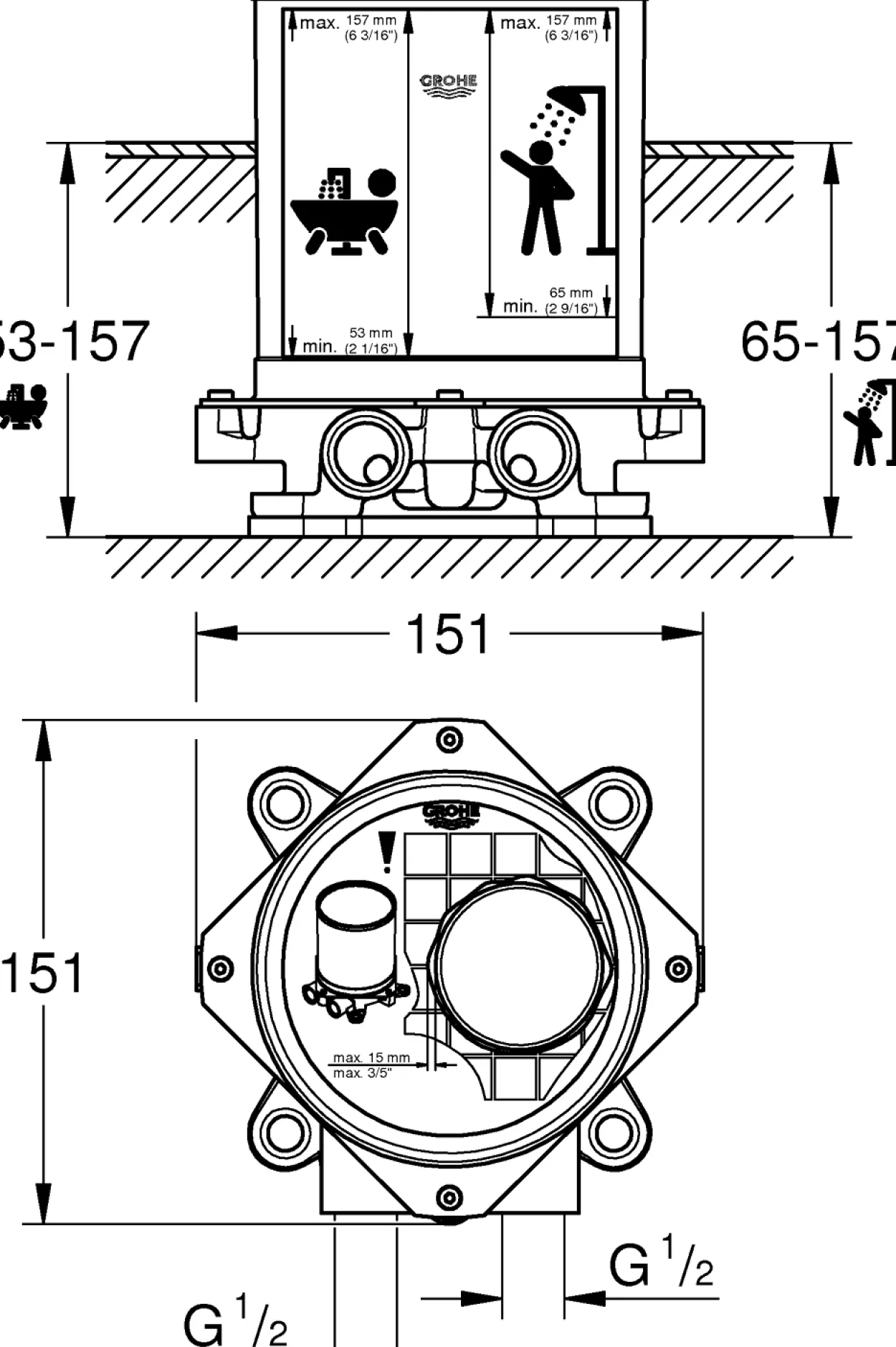 Grohe påbygningssett 1/2" til gulvmonterte dusj- og badekararmatur