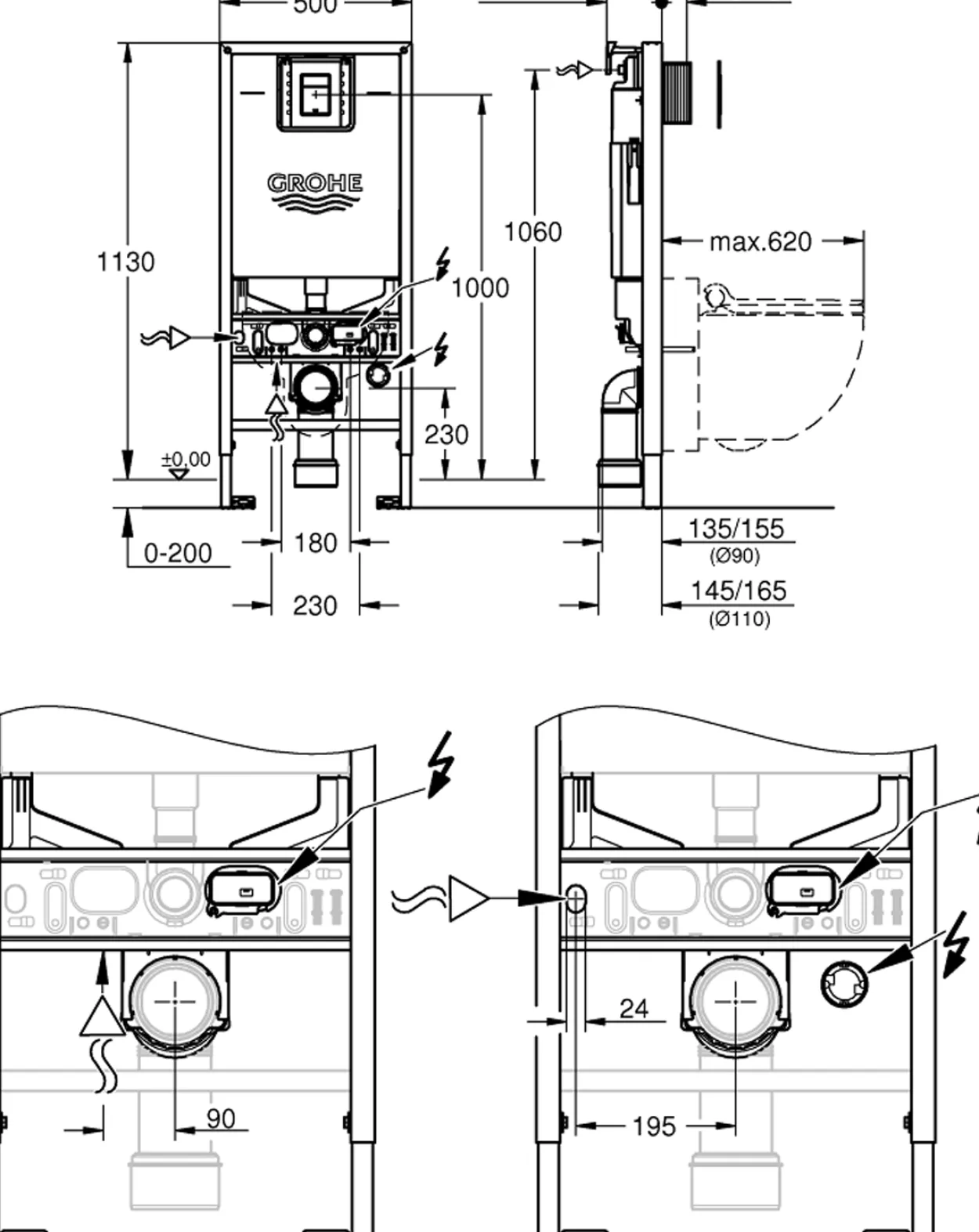 Grohe rapid slx 3-i-1 sisterne m/krom trykkplate 113 cm