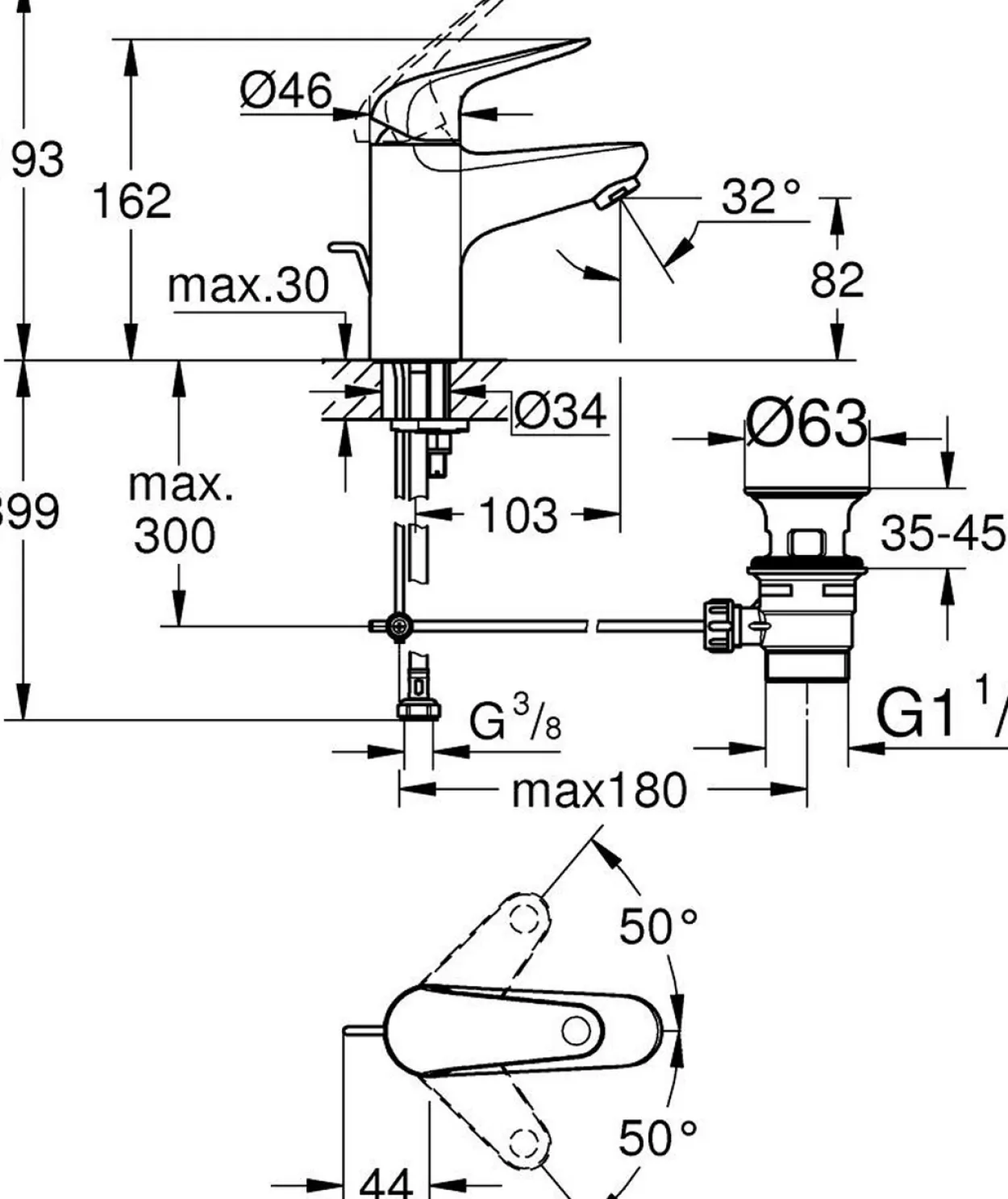Grohe swift s servantbatteri m/oppløft krom