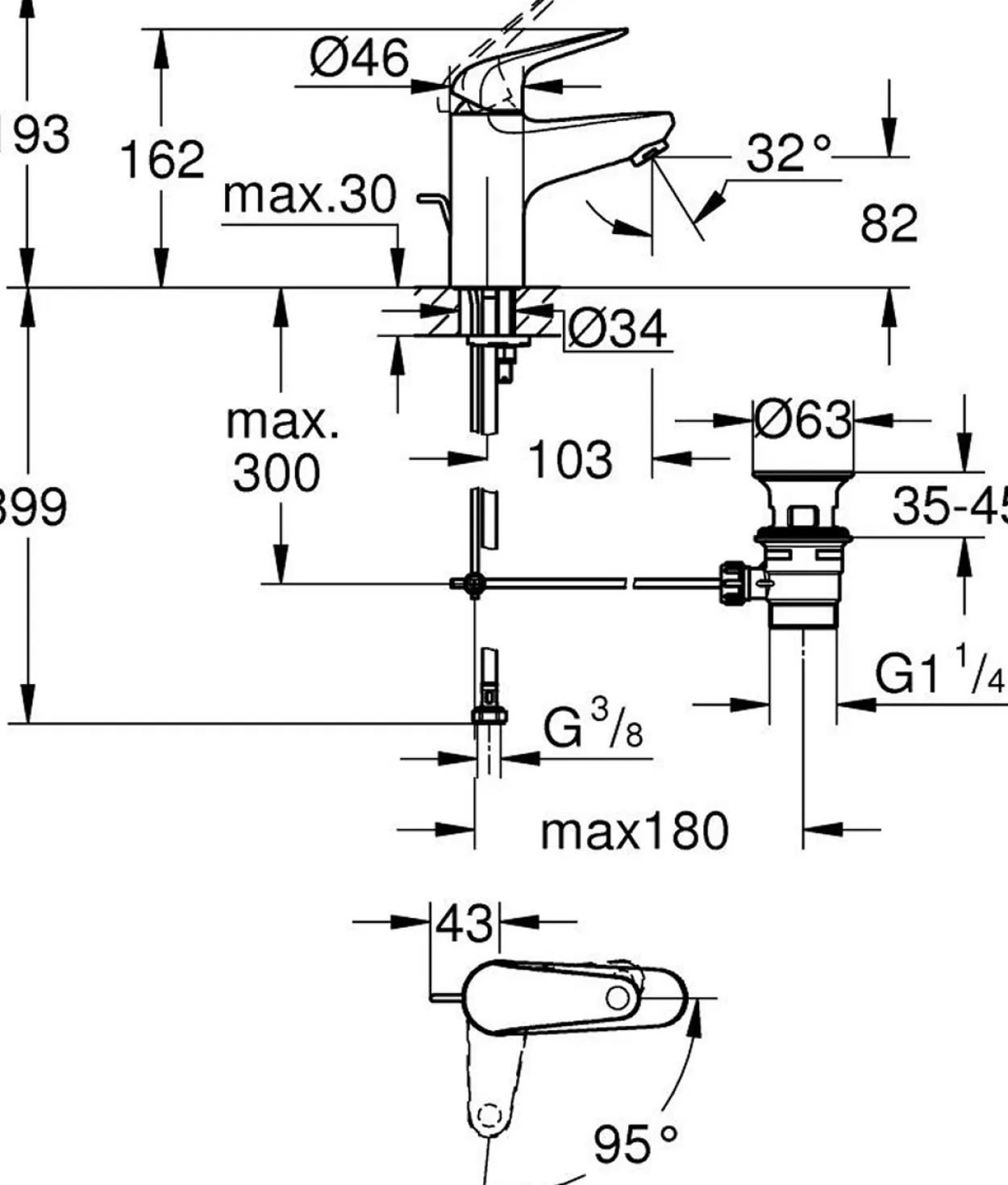 Grohe swift s servantbatteri m/oppløft & kaldstart krom