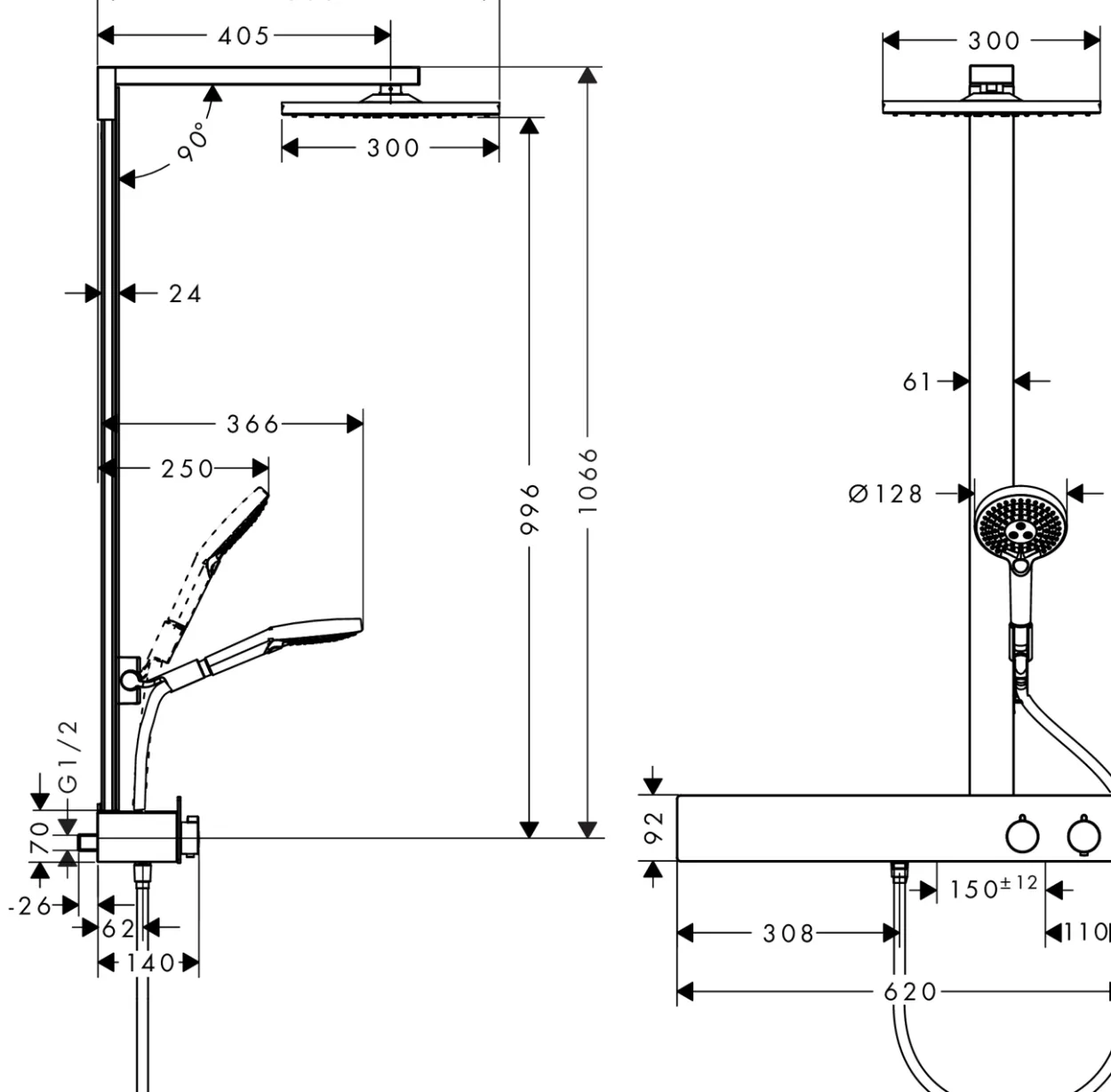Hansgrohe raindance e 300 1jet dusjsett m/termostat 600mm