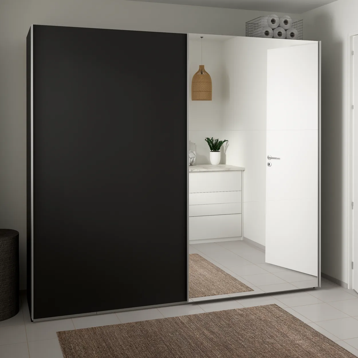 Lind nest skyvedørsgarderobe 250x220x67cm sort med speil
