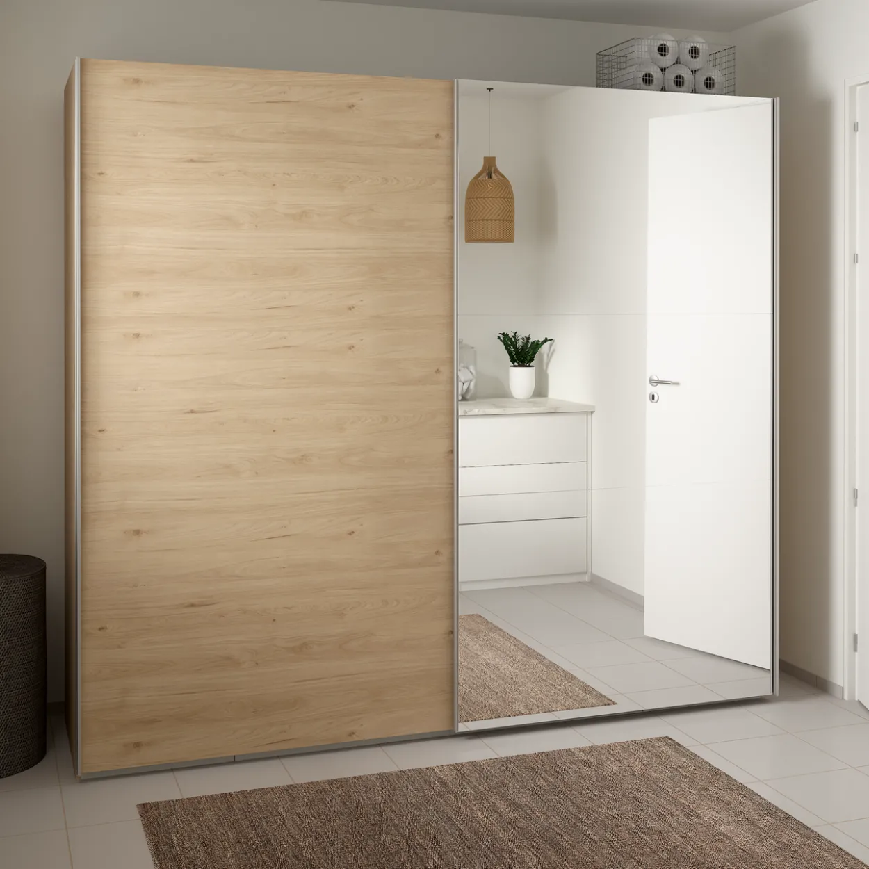 Lind nest skyvedørsgarderobe 250x220x67cm eik med speil