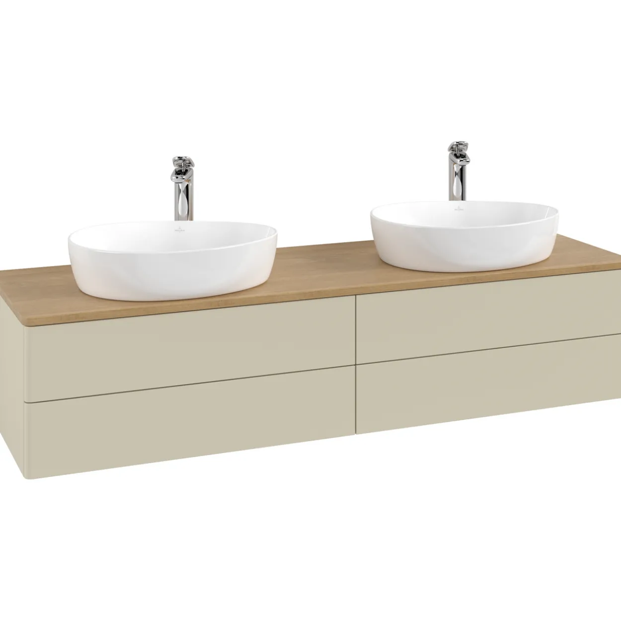 V&b antao servantskap 4 skuffer glatt 1600x360x500 for 2 serv. m/kranhull silkegrå/eik