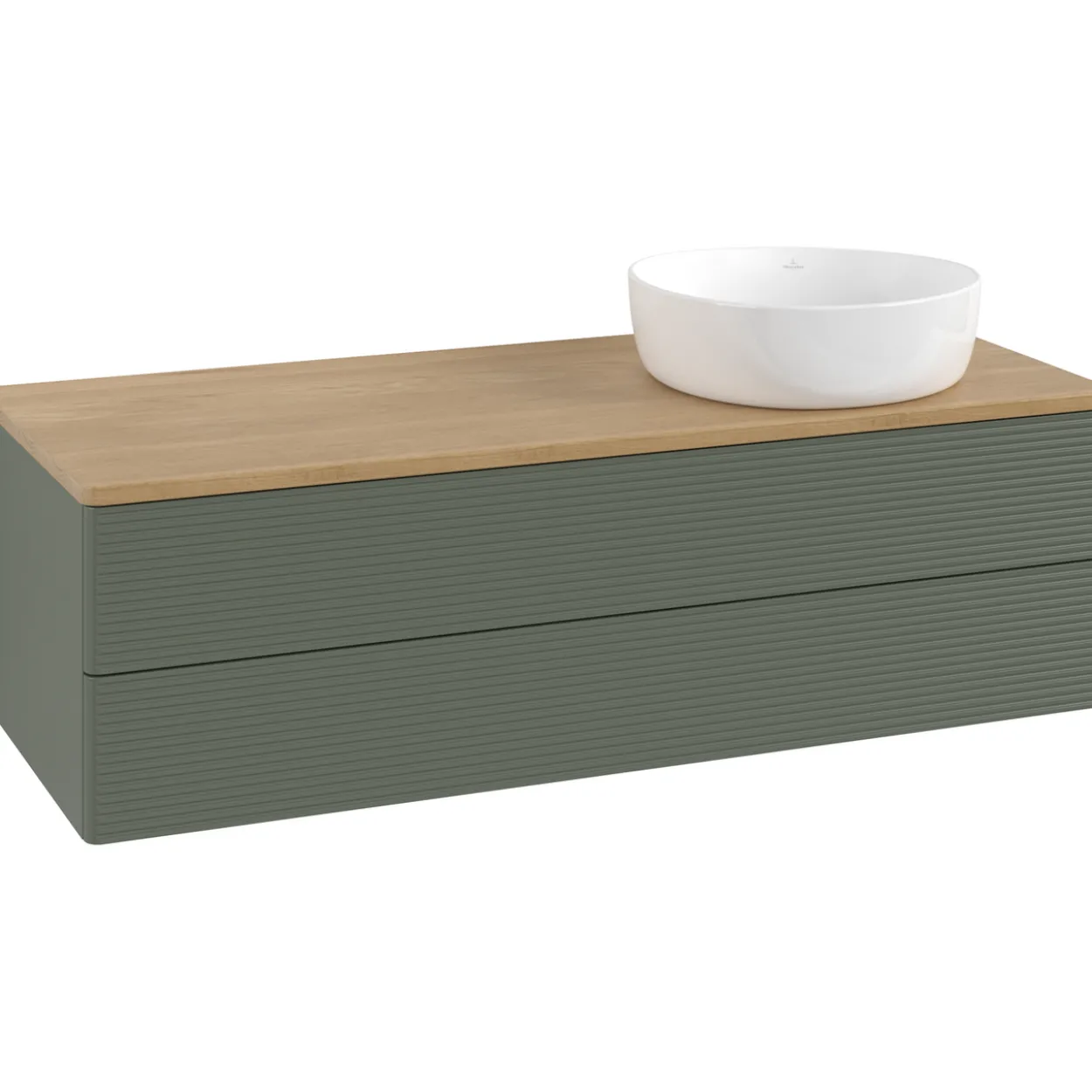 V&b antao servantskap 2 skuffer rillet 1200x360x500 høyre u/kranhull grønn/eik