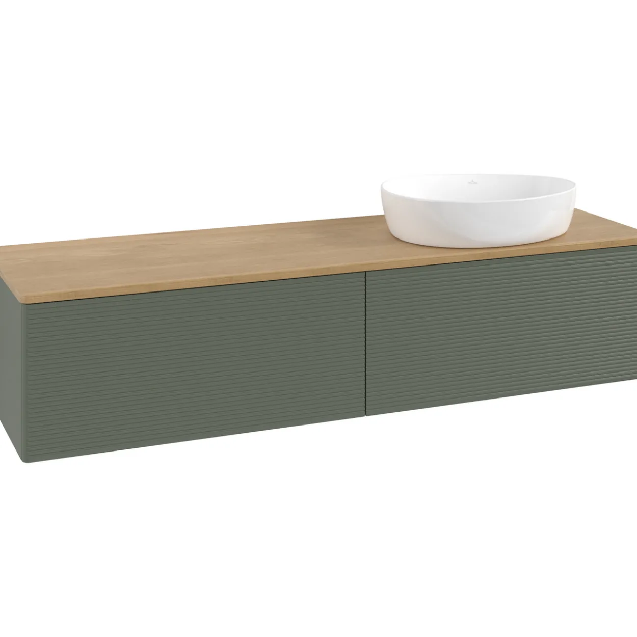 V&b antao servantskap 2 skuffer rillet 1600x360x500 høyre u/kranhull grønn/eik