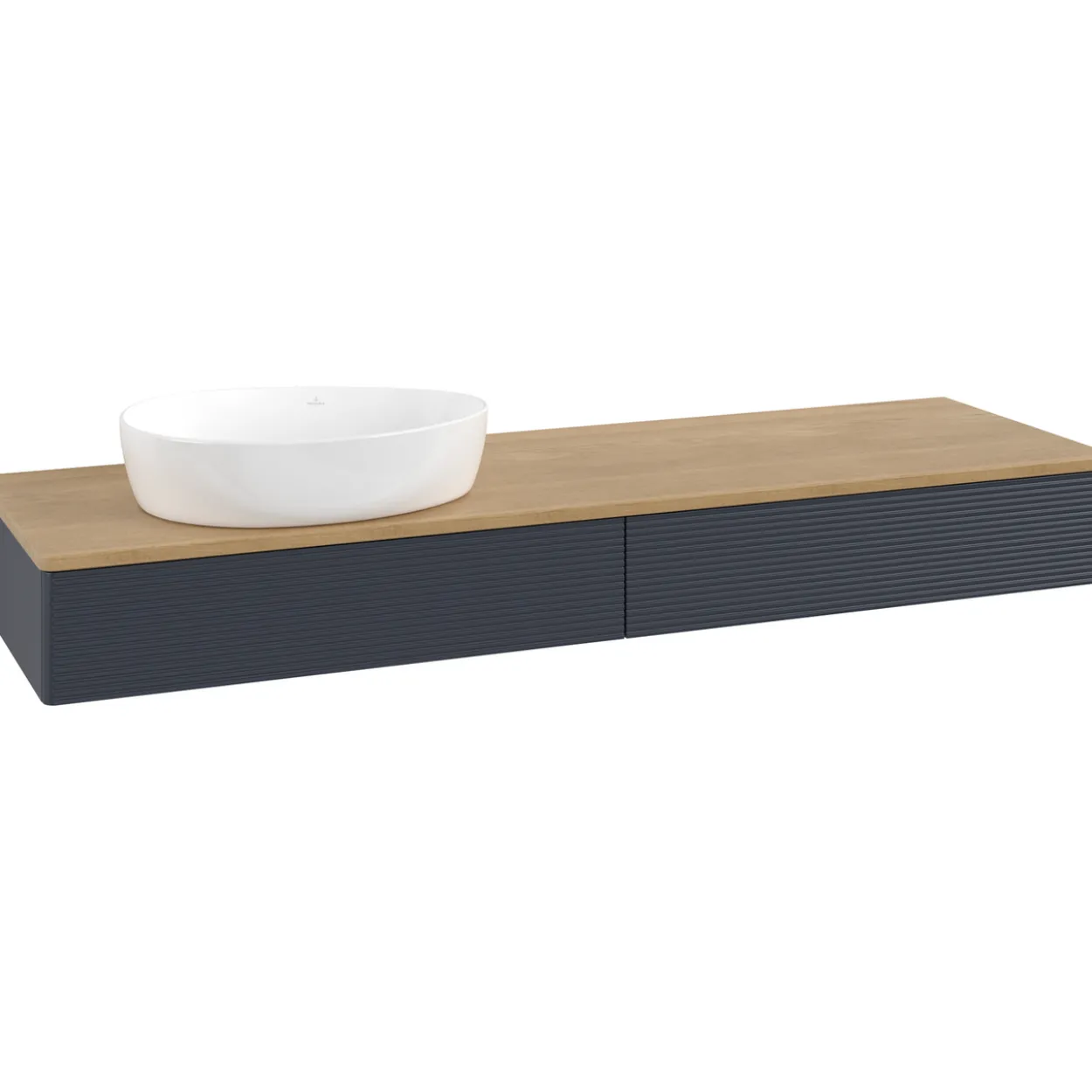 V&b antao servantskap 2 skuffer rillet 1600x190x500 venstre u/kranhull blå/eik