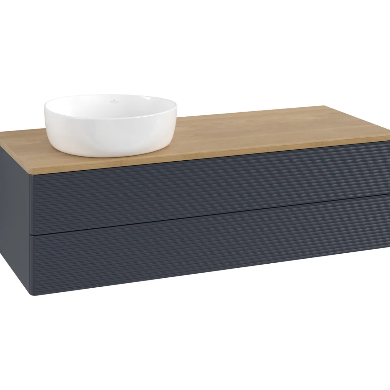 V&b antao servantskap 2 skuffer rillet 1200x360x500 venstre u/kranhull blå/eik