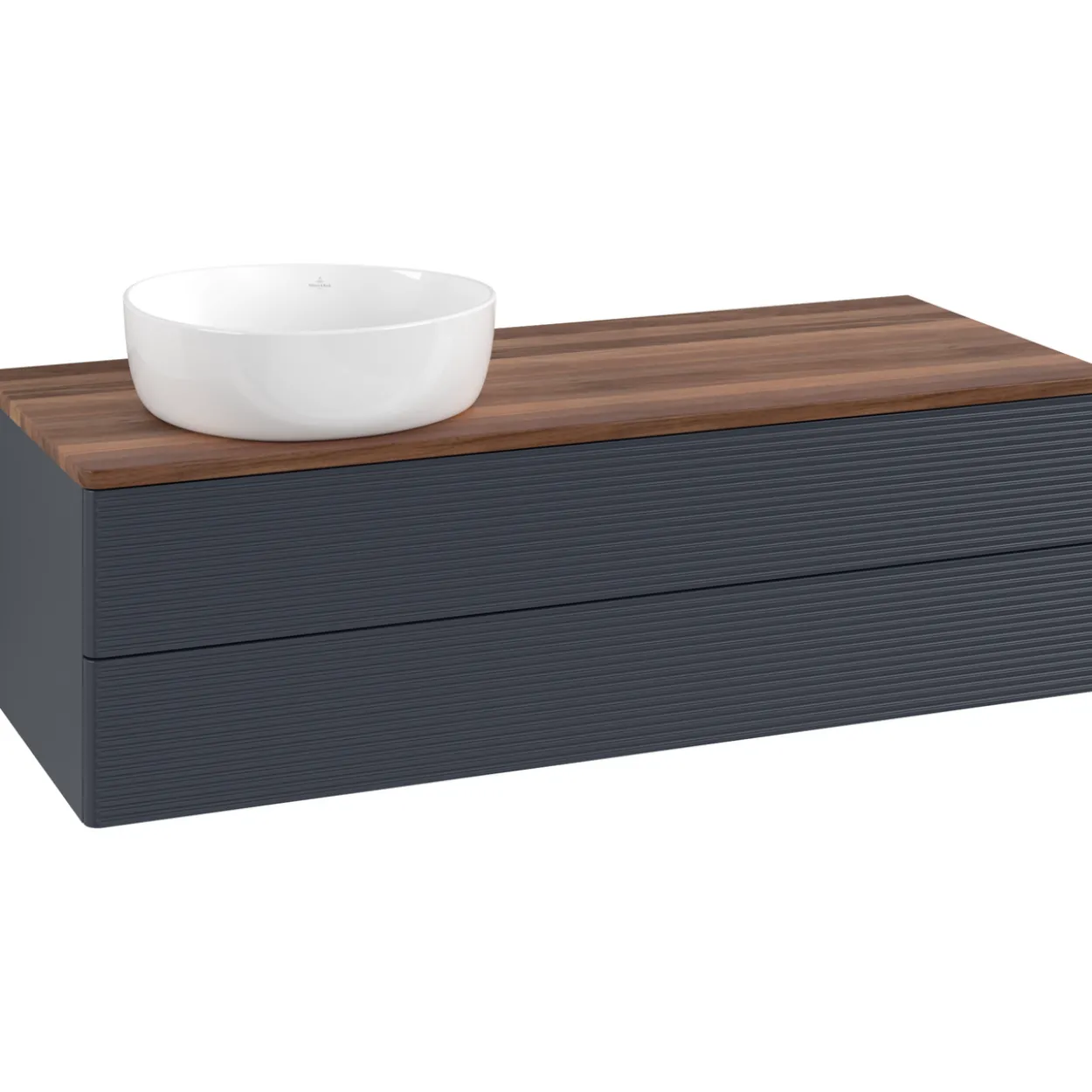 V&b antao servantskap 2 skuffer rillet 1200x360x500 venstre u/kranhull blå/valnøtt