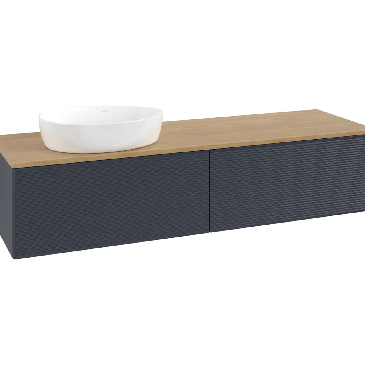 V&b antao servantskap 2 skuffer rillet 1600x360x500 venstre u/kranhull blå/eik