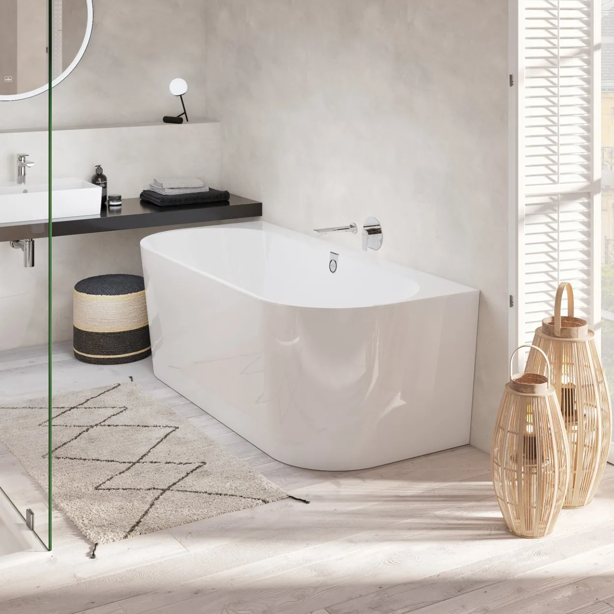V&b oberon 2.0 back-to-wall badekar 180x80 hvit alpin m/avløpssett i hvit/krom
