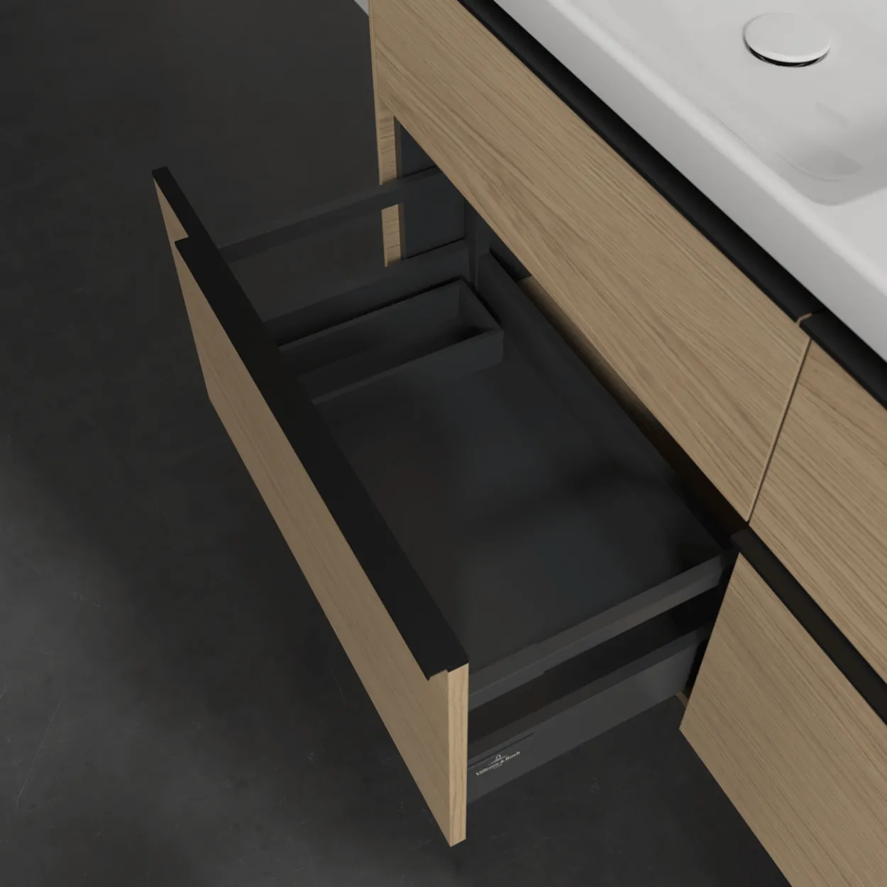 V&b subway 3.0 servantskap 127x57 f/dobbel servant arizona oak m/lys håndtak i volcano black