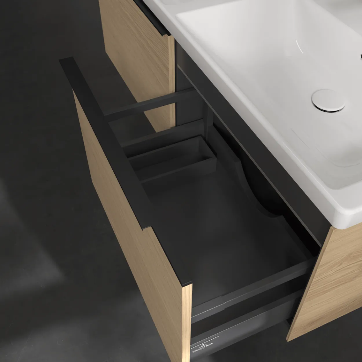 V&b subway 3.0 servantskap 127x42 f/dobbel servant arizona oak m/lys håndtak i volcano black