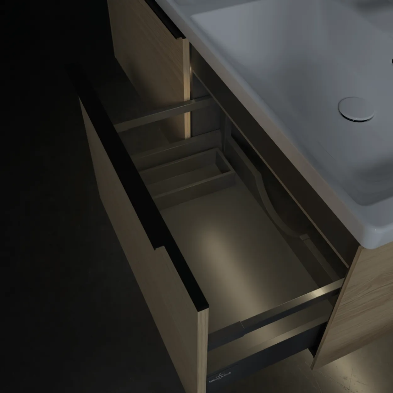 V&b subway 3.0 servantskap 127x42 f/dobbel servant arizona oak m/lys håndtak i volcano black