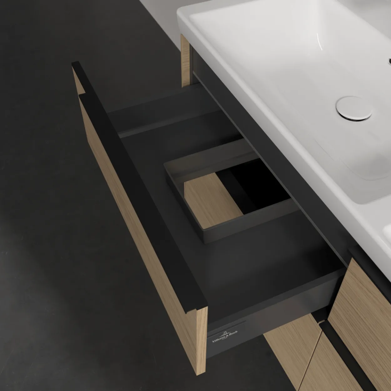 V&b subway 3.0 servantskap 127x57 f/dobbel servant arizona oak m/lys håndtak i volcano black