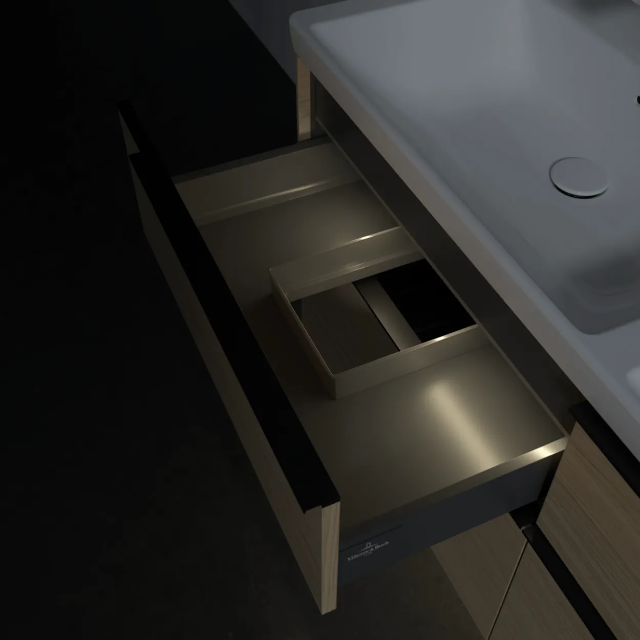 V&b subway 3.0 servantskap 127x57 f/dobbel servant arizona oak m/lys håndtak i volcano black