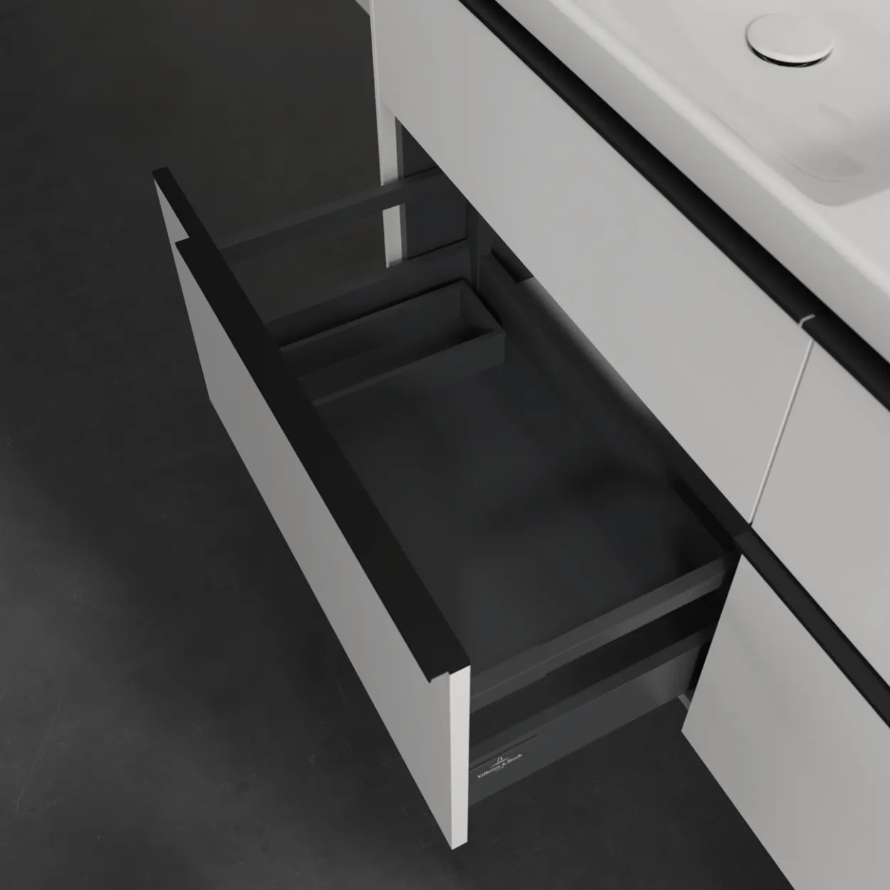 V&b subway 3.0 servantskap 127x57 f/dobbel servant brilliant white håndtak i volcano black