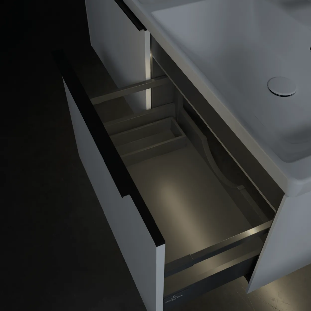 V&b subway 3.0 servantskap 127x42 f/dobbel servant brilliant white m/lys håndtak i volcano black