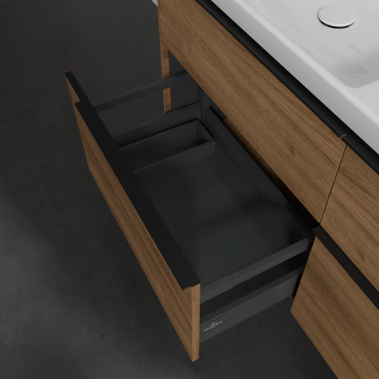 V&b subway 3.0 servantskap 127x57 f/dobbel servant kansas oak håndtak i volcano black