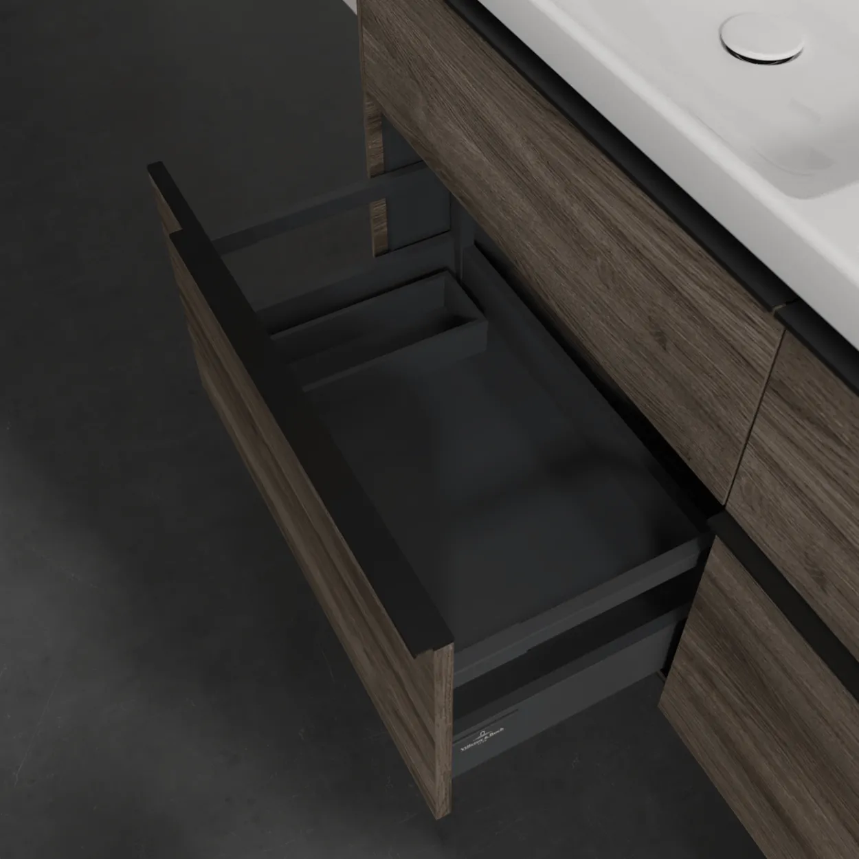 V&b subway 3.0 servantskap 127x57 f/dobbel servant kansas oak m/lys håndtak i volcano black