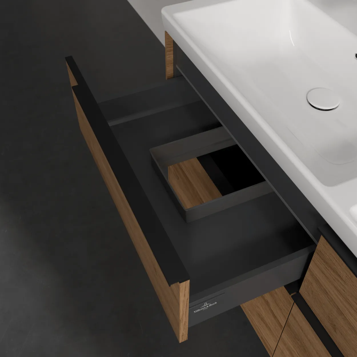 V&b subway 3.0 servantskap 127x57 f/dobbel servant kansas oak m/lys håndtak i volcano black