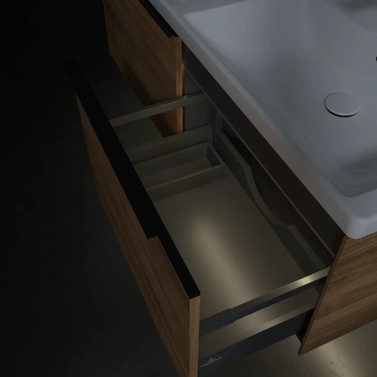 V&b subway 3.0 servantskap 127x42 f/dobbel servant kansas oak m/lys håndtak i volcano black