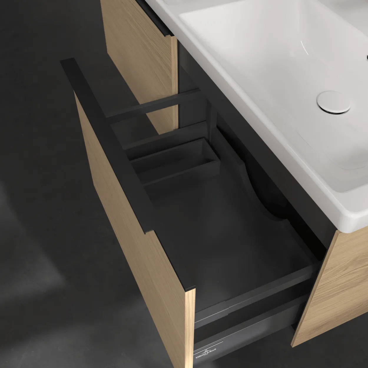 V&b subway 3.0 servantskap 127x42 f/dobbel servant nordic oak håndtak i volcano black
