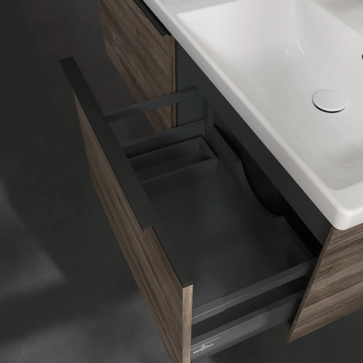 V&b subway 3.0 servantskap 127x42 f/dobbel servant stone oak håndtak i volcano black