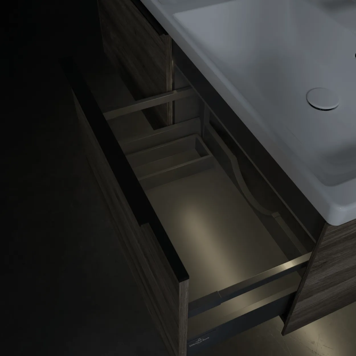 V&b subway 3.0 servantskap 127x42 f/dobbel servant stone oak m/lys håndtak i volcano black