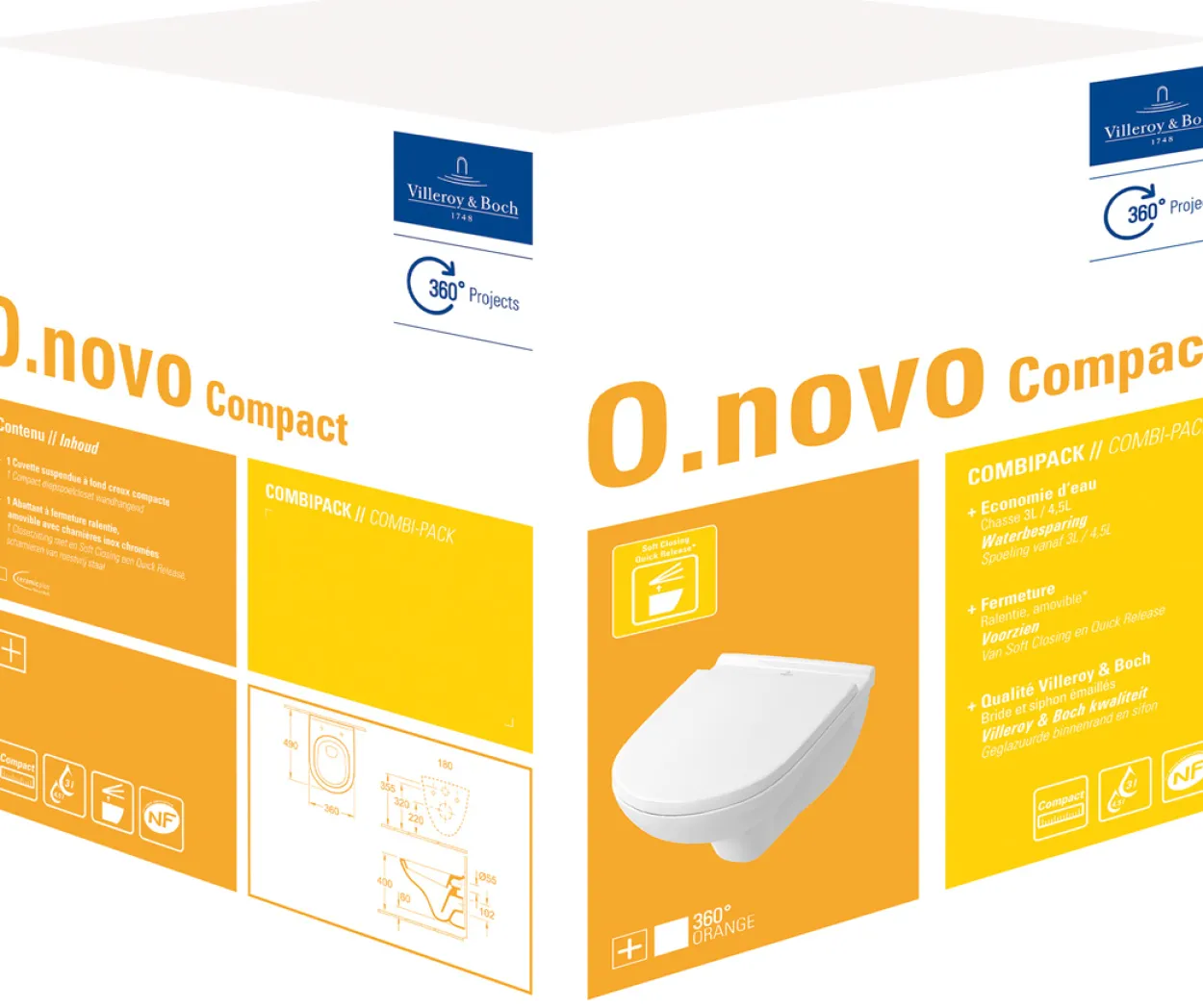 Villeroy & boch o.novo compact veggskål m/toalettsete, hvit alpin